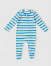 Load image into Gallery viewer, Goldie + Ace - Sky Stripe Rib Zipsuit - Sky/Gold
