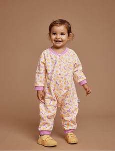 Goldie + Ace - Daisy Meadow Relaxed Terry Romper - Fairy Floss Golden