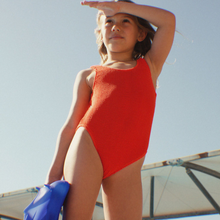 Load image into Gallery viewer, Golden Child - The Golden Girl  Children&#39;s Full Piece Swimsuit : Racer Red
